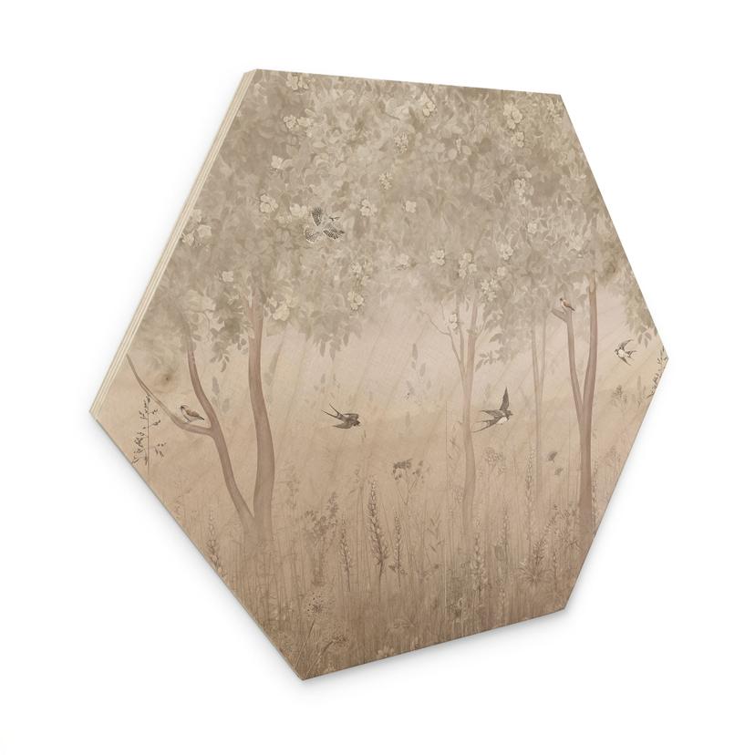 Hexagon Holzbild Sommerliche Schwalben im Blütenwald - Ms Tiff