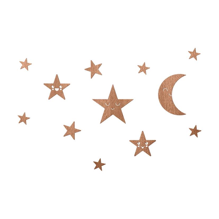 Väggdekorationer i trä med måne och stjärnor - Kawaii - Mahogny