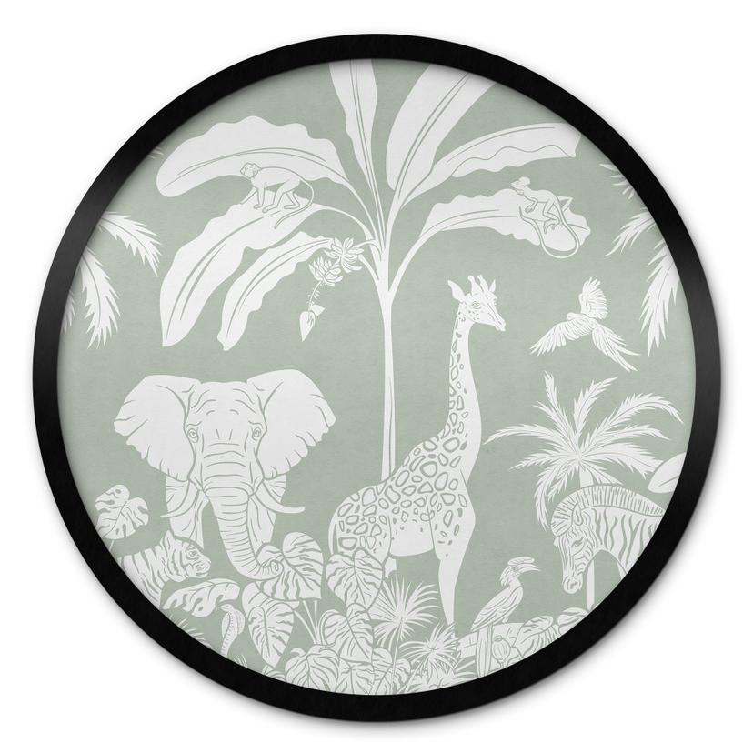 Plakat med jungledyr i tropisk grøn - Kikki Belle - Rund
