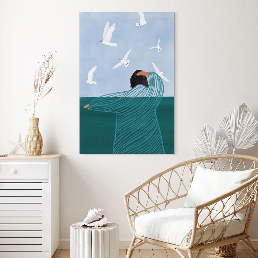 Wanddecoratie vrouw met meeuwen aan zee - Alu-Dibond - Müller