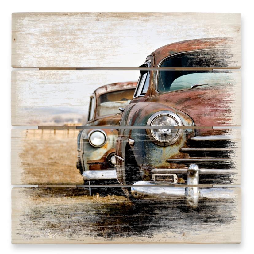 Cuadro de madera Coches viejos oxidados - 40x41,5 cm