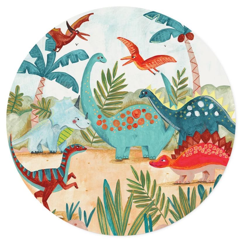 Adesivo murale per bambini - Dinosauri colorati nella foresta primordiale - Bonne Müller - Tondo