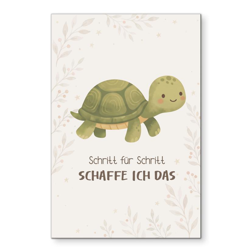 Alu-Dibond Wandbild mit Schildkröte - Kraftsatz 'Schritt für Schritt schaffe ich das' für Kinder