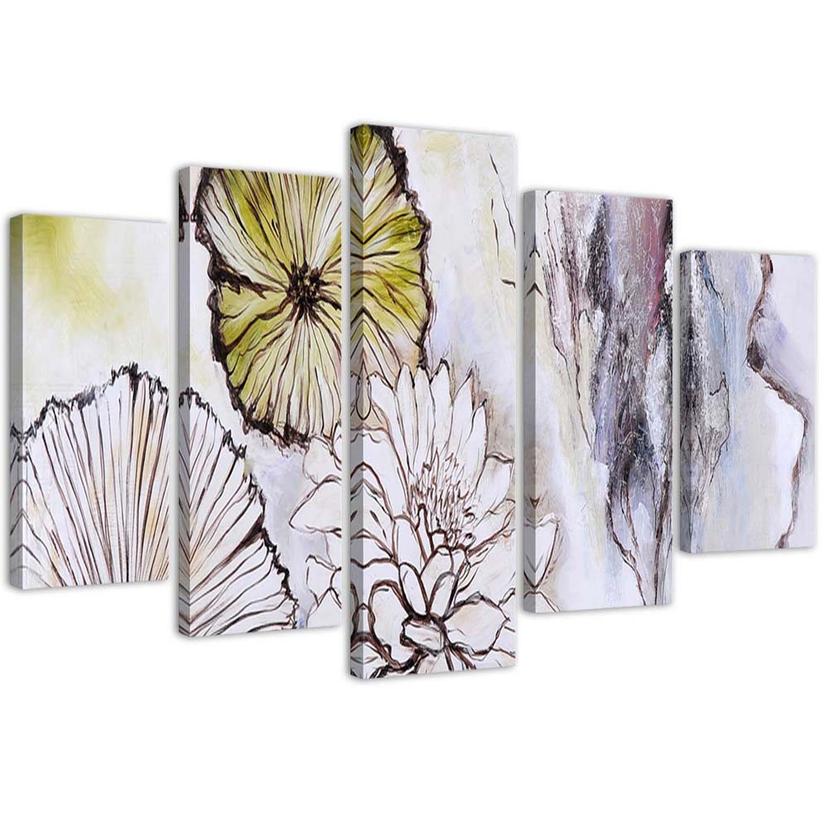5 stykke lærredstryk, akvarel blomster beige