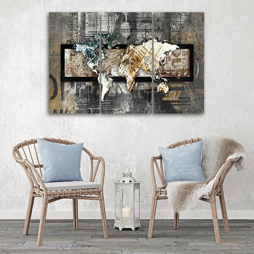Stampa su tela 3 pezzi, mappa del mondo astratta