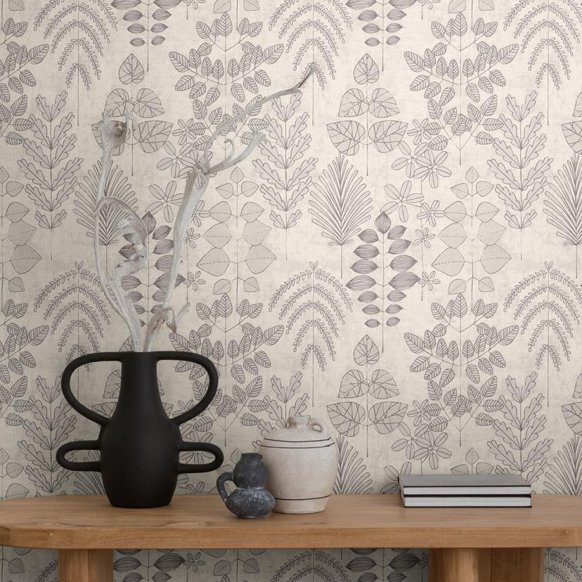Non-woven tapet blomstret - fint stribemønster i greige & taupe
