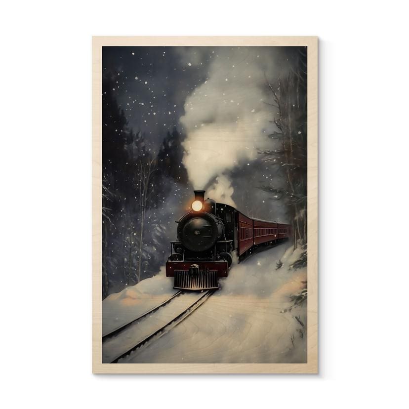 Billede af træ damplokomotiv i en snedækket skov - Melloi Art Prints