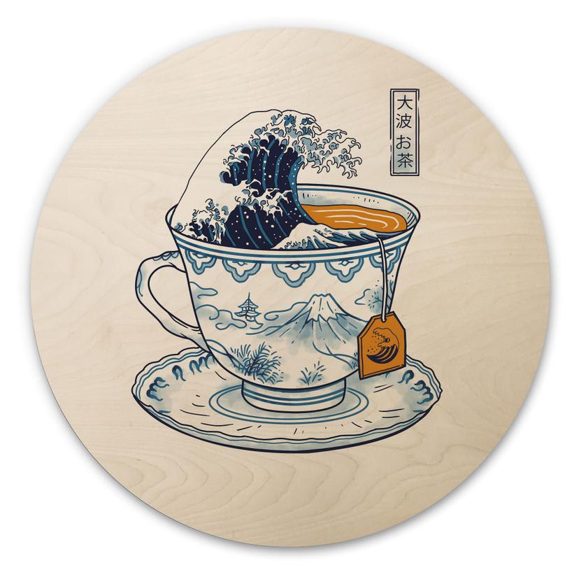 Holzbild Grosse Welle Tee im Hokusai-Stil - Trinidad - Rund