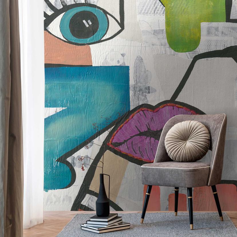Pop art tapet farverigt - retro vintage non-woven tapet med ansigtsmotiv til stue og kontor