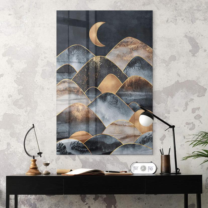 Stampa su vetro acrilico Fredriksson - Montagne al chiaro di luna dorata