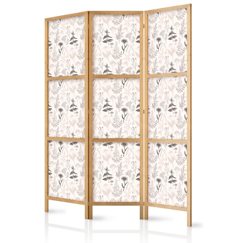 Japanischer Paravent, Raumteiler freistehend, Trennwand - Illustration of Flowers and Herbs - Beige