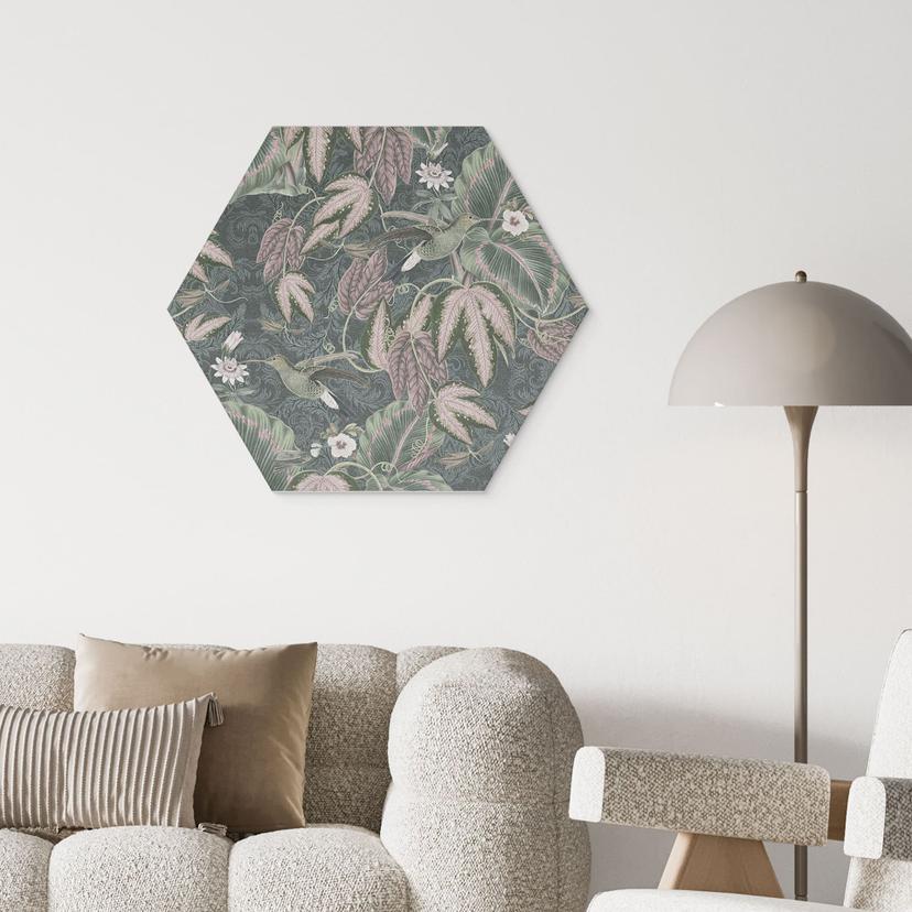Stampe esagonali per pareti Colibrì in una foresta tropicale - Bloomery Decor - Alu-Dibond