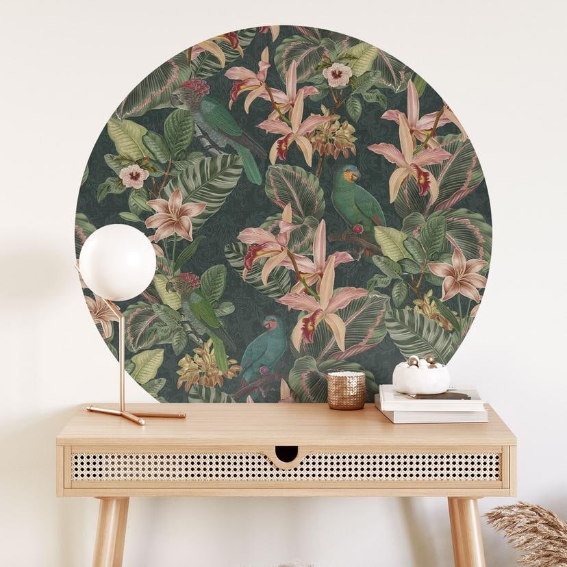 Sticker mural jungle avec perroquets vert nuit - Décor Bloomery - Rond