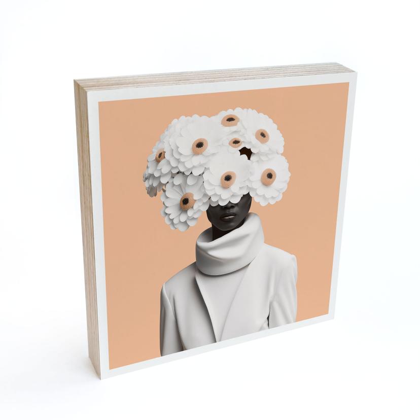 Bloc en bois à poser Dame en blanc avec des fleurs - Treechild