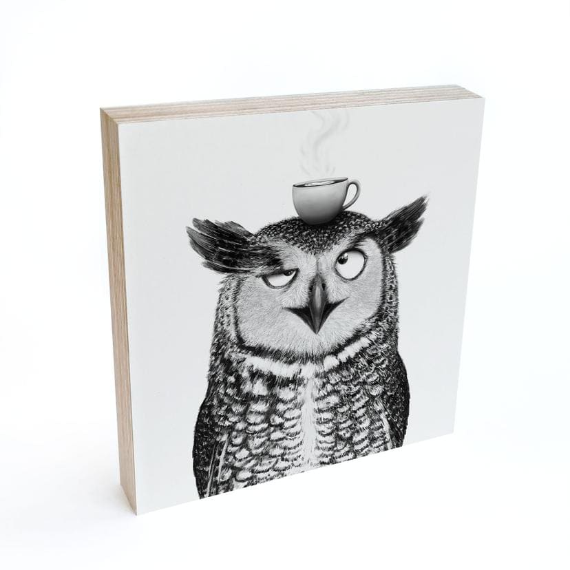 Tableau sur bois à poser - Hibou amusant avec café - Korenkova - 15x15 cm