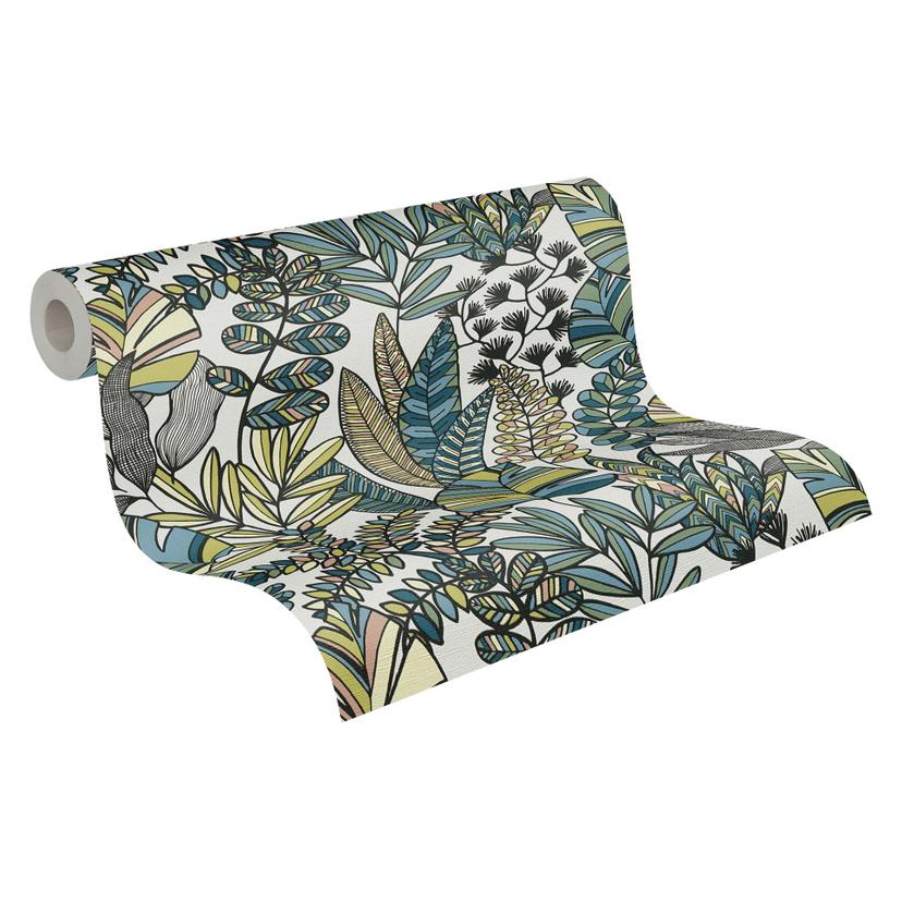 Papel pintado Jungla hojas plantas verde azul blanco - tela sin tejer Modelo de papel pintado