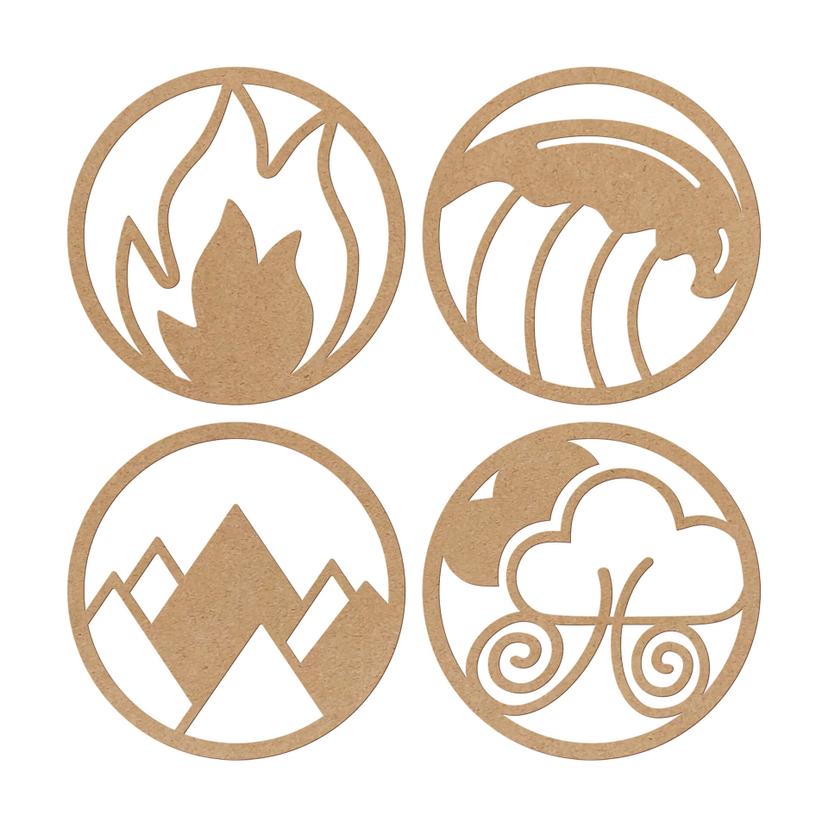 Runde Wanddeko Vier Elemente - Feuer Wasser Erde Luft - MDF Natur (4-teilig)