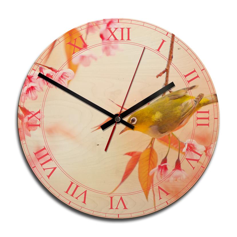 Horloge murale en bois - Pépiement d'oiseaux dans les fleurs de cerisier
