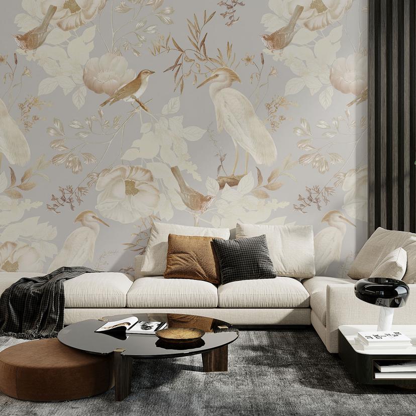 Fototapet Fugle blandt hvide blomster - UN Designs