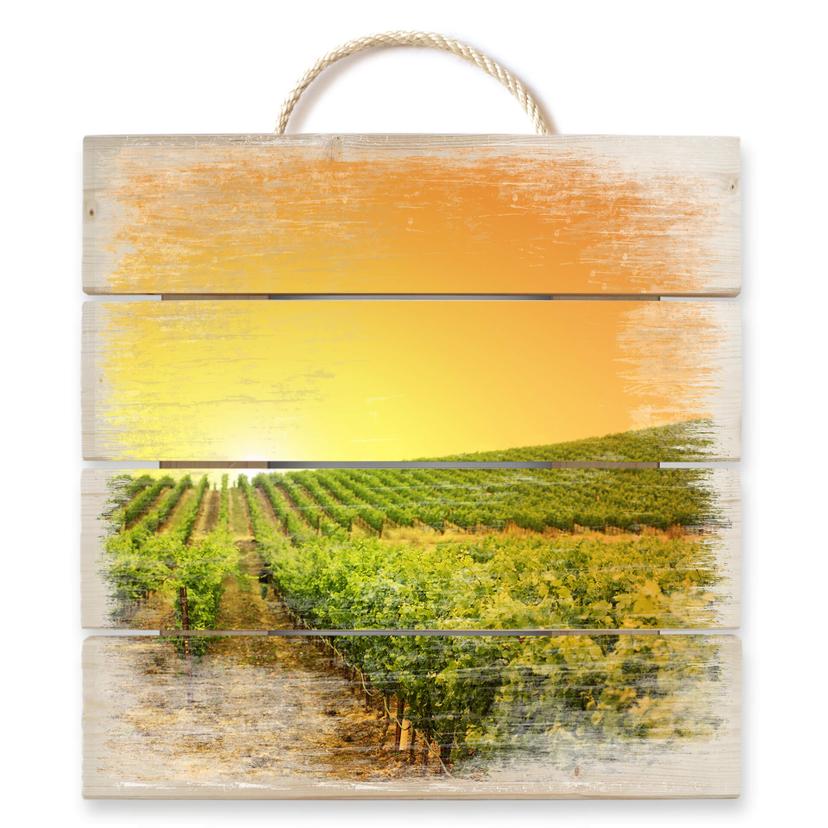 Holzbild Sonnenuntergang im Weinberg - 40x41,5 cm