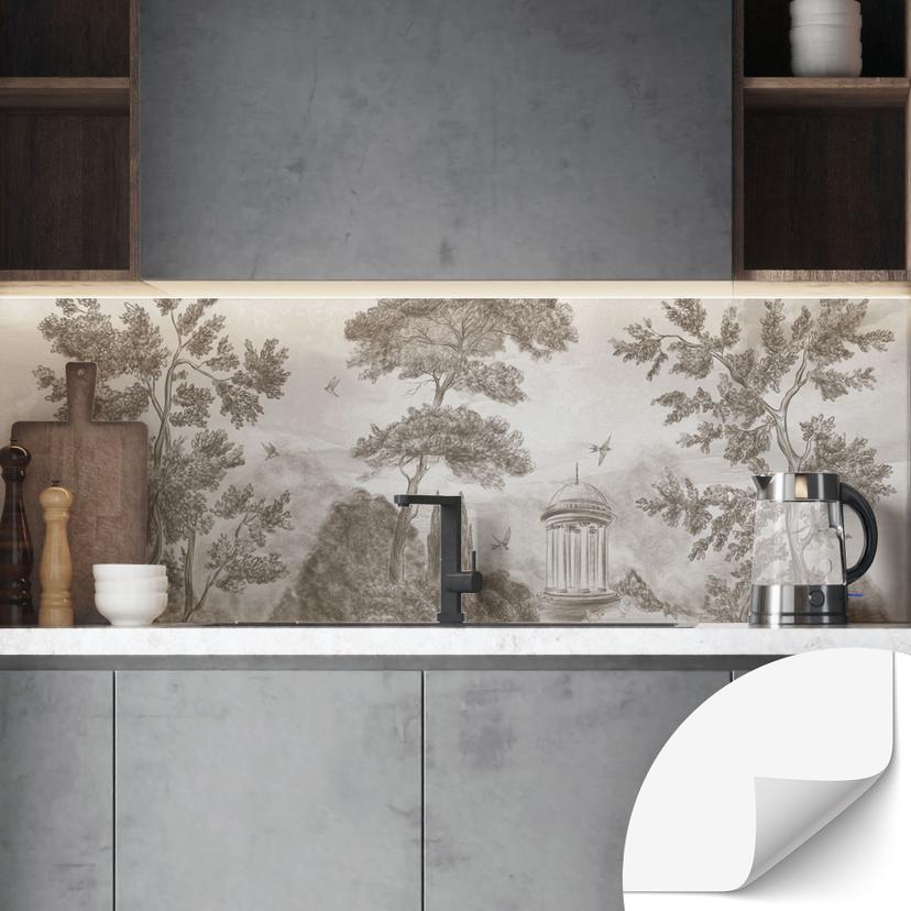 Zelfklevende Keukenachterwand met tuinlandschap in beige - Ms Tiff