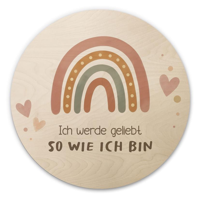 Rundes Holzbild mit Boho-Regenbogen - 'Ich werde geliebt'