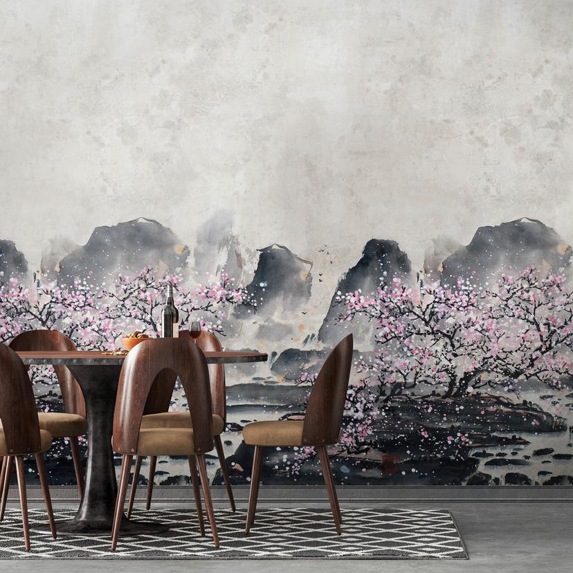 Fotomural Flores de cerezo en la niebla con montañas en tonos grises y rosa suave 2,7 x 2,12 m