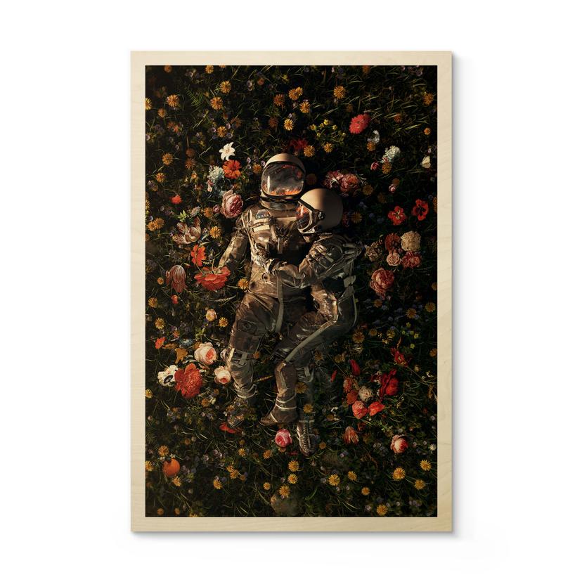 Træplakat Astronauter på en blomstereng - Nicebleed