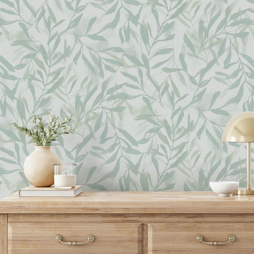 Non-woven tapet i hvid grøn blade blad look vintage blomster natur