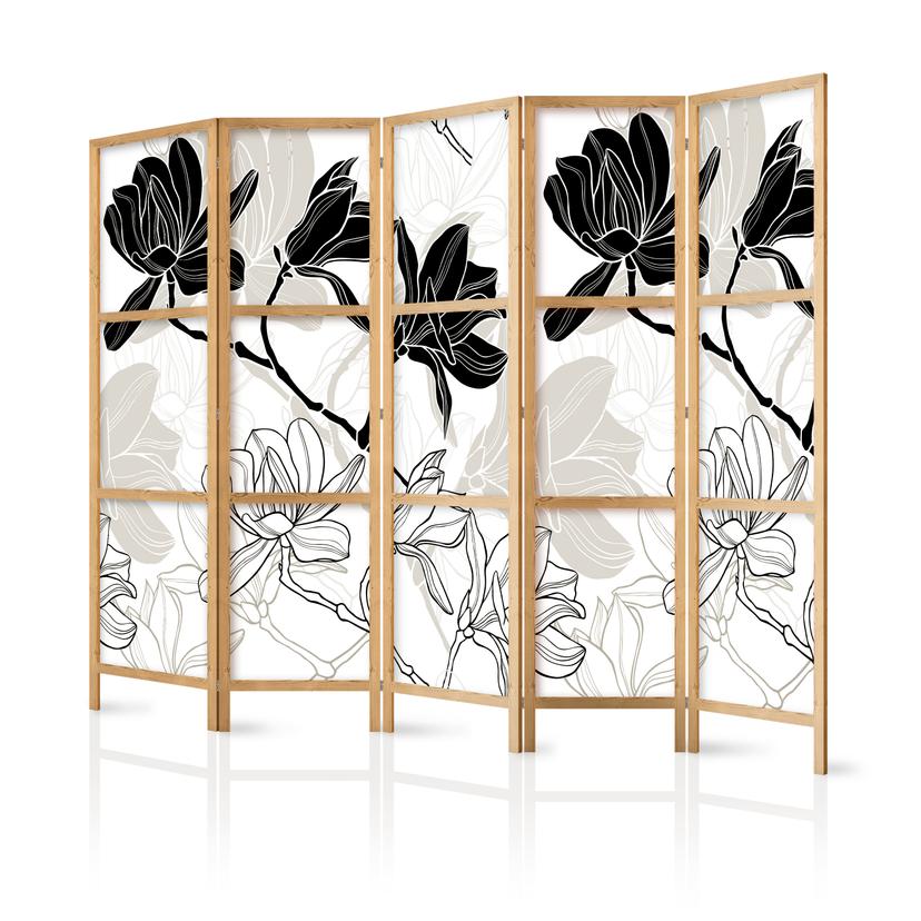 Parete divisoria giapponese - Fiori bianchi e neri, 3 pezzi