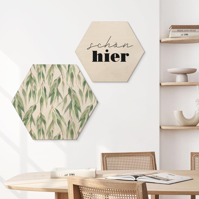 Esagono in legno Rami con foglie verdi - UN Designs