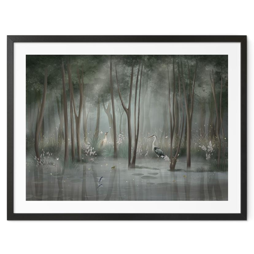Poster nevelwoud aan het meer met reiger in het groen - Ms Tiff