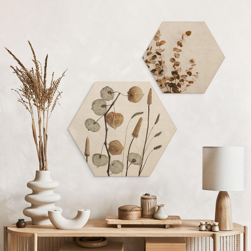 Esagono in legno Fiori di lanterna essiccati - Disher