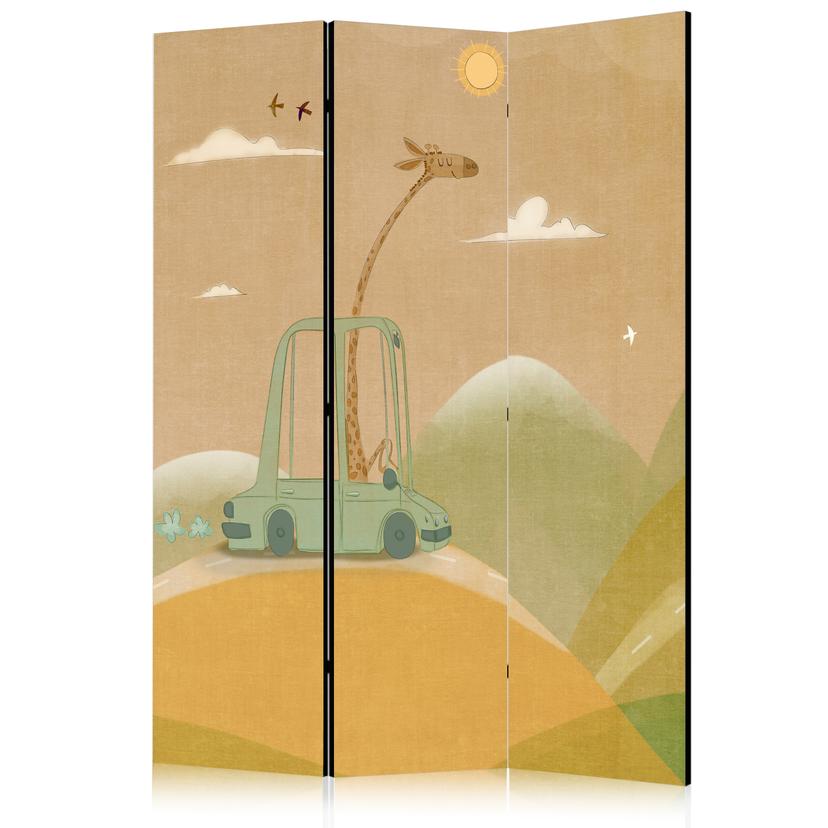 Paravent, Raumteiler freistehend, Trennwand - Dreamy Traveler: Giraffe Driving a Car