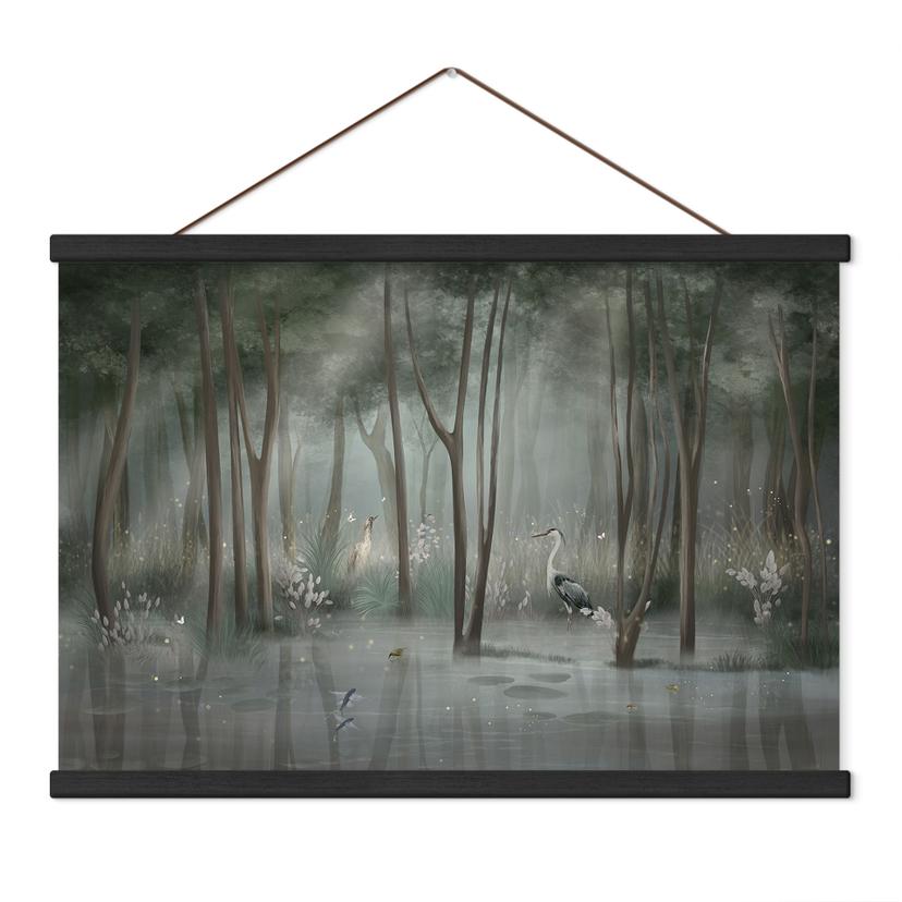 Textielposter Mistig bos aan het meer met reiger in groen - Ms Tiff