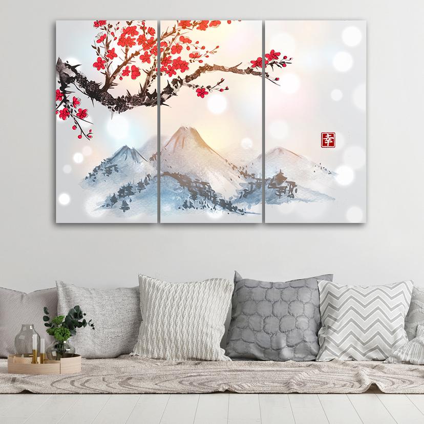Stampa su tela 3 pezzi, Giappone Cherry Blossom Mountains
