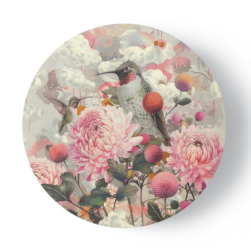 Rundes Leinwandbild Blumen mit Kolibris