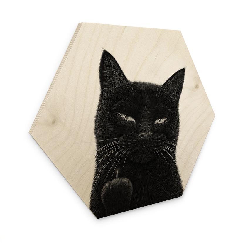 Trätavla hexagonale Chat noir effronté - Korenkova