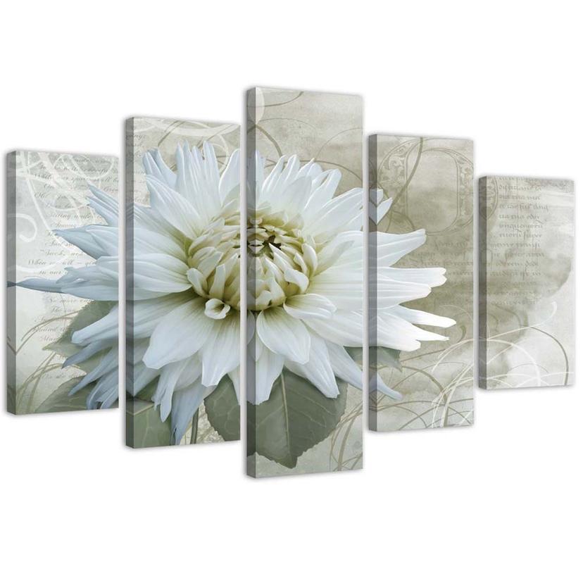 Tableau sur Toile en 5 parties Fleur Blanche Beige Vintage