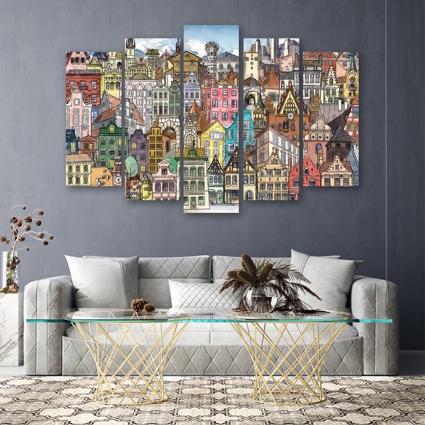 Stampa su tela 5 pezzi, Città felice