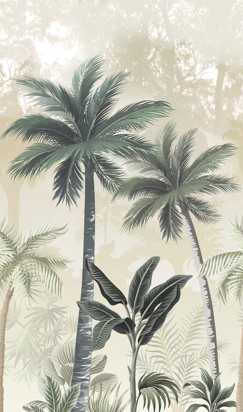 Carta da parati con palme verdi, beige, fiori 2,70 x 1,59 m