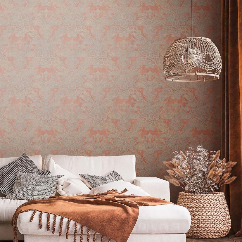 Barokt tapet vintage orange, grå - Mønster Ikke-vævet tapet med ornamenter