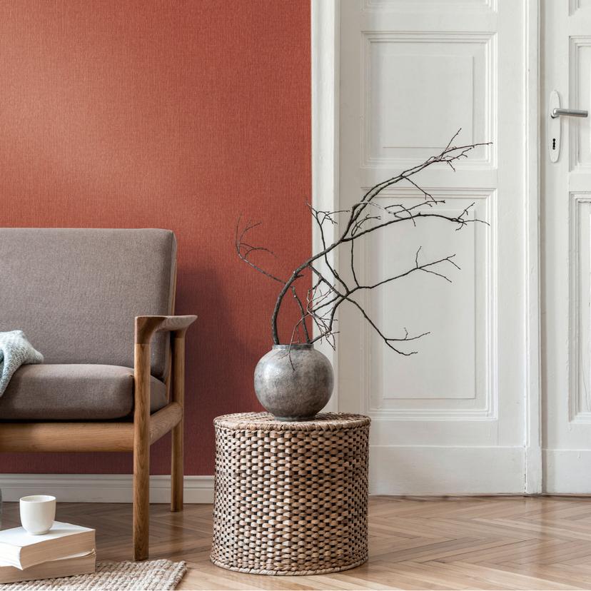 Hørstruktur terracotta orange - Ikke-vævet tapet tekstil mat