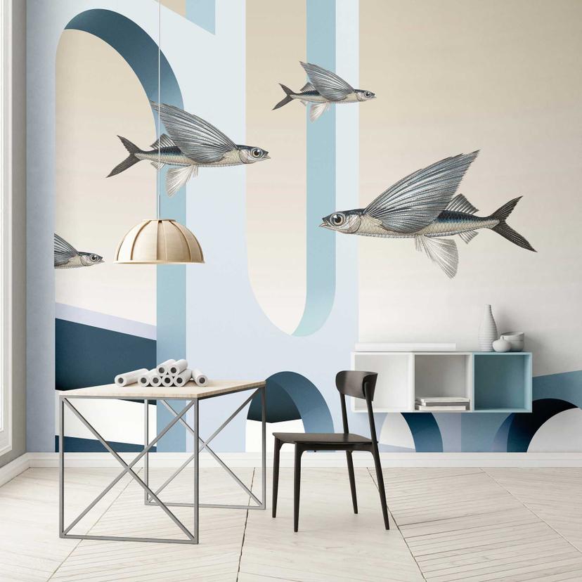 Fototapet Moderne-Artwork med flyvende fisk - non-woven tapet i blå toner