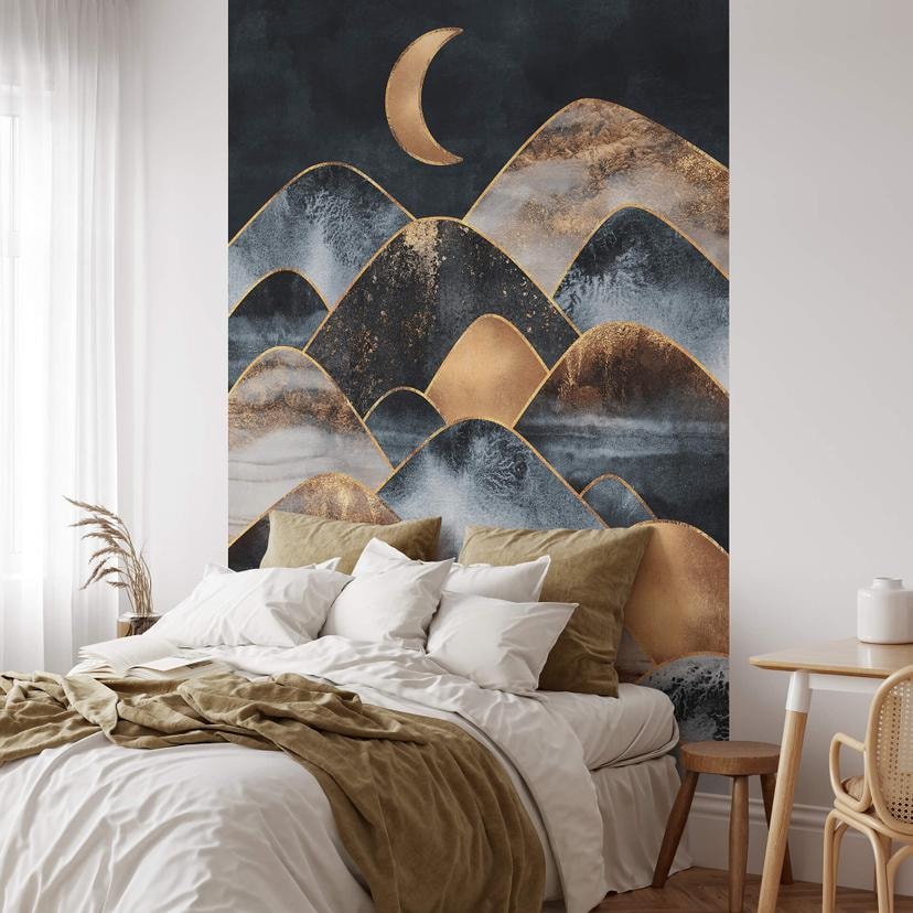 Fredriksson - fotomural de montañas a la luz de la luna dorada