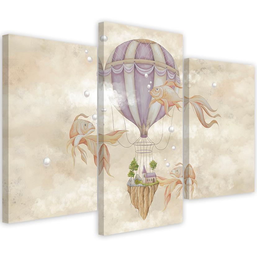 Lærred print 3 stykker, luftballon flyvehus og fisk