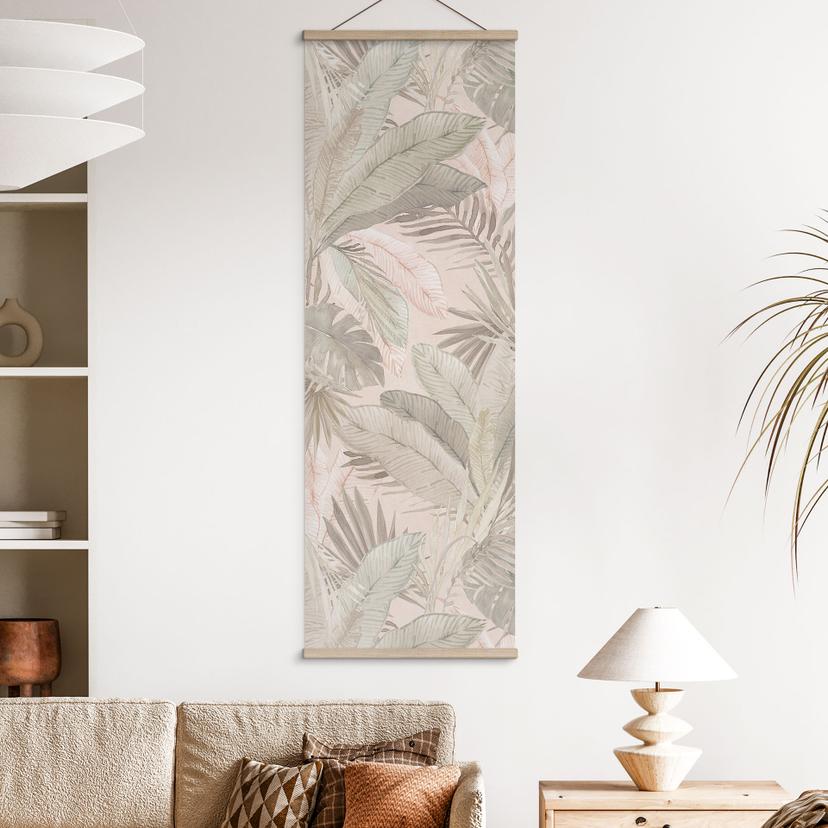 Textielposter Tropische bladeren in de jungle pastel - Bloemdecor - Panorama