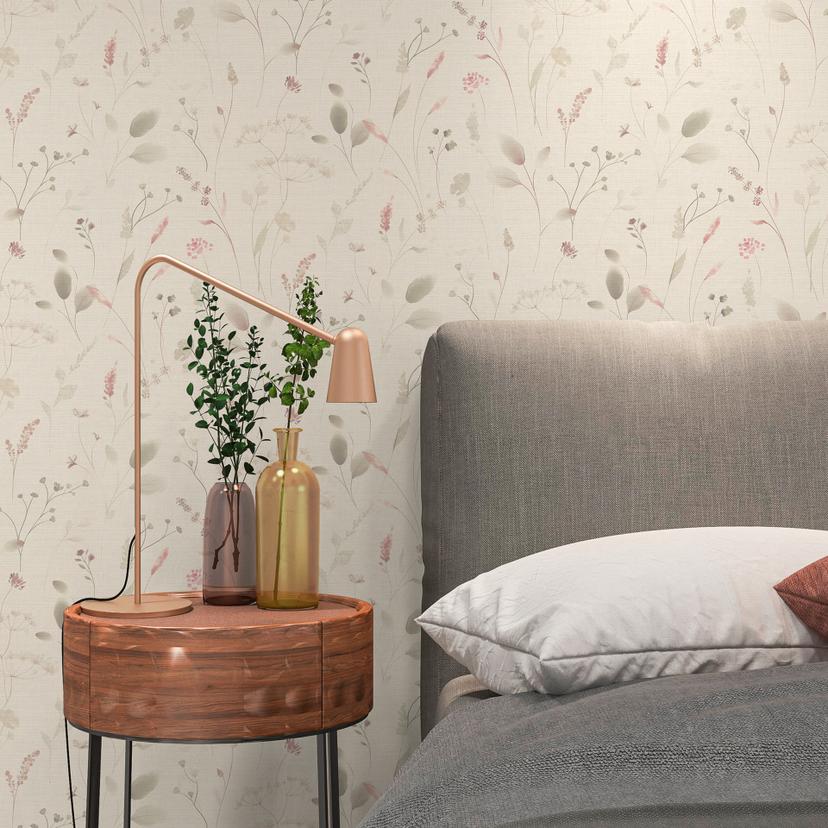 Engblomsttapet rosa beige hvid - Ikke-vævet tapet med blomstret akvarel-look