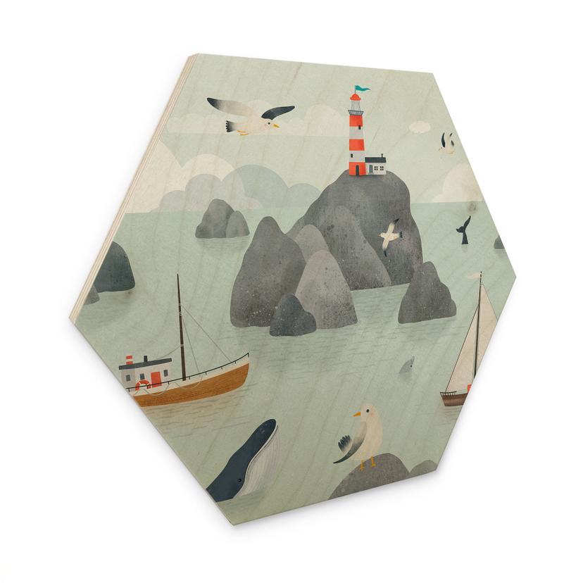 Hexagon Houten Wanddecoratie Maritiem Kustmotief met Vuurtoren - Oliver Robins