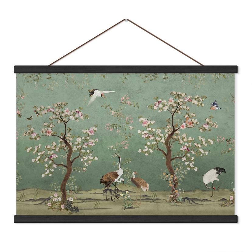 Textielposter Kraanvogels in bloemrijk landschap - Bloomery Decor